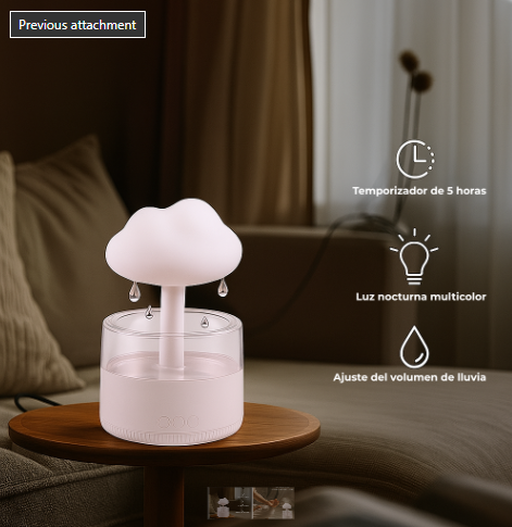 Difusor Nube de Lluvia 7 Colores – Humidificador, Aromaterapia y Luz Ambiente